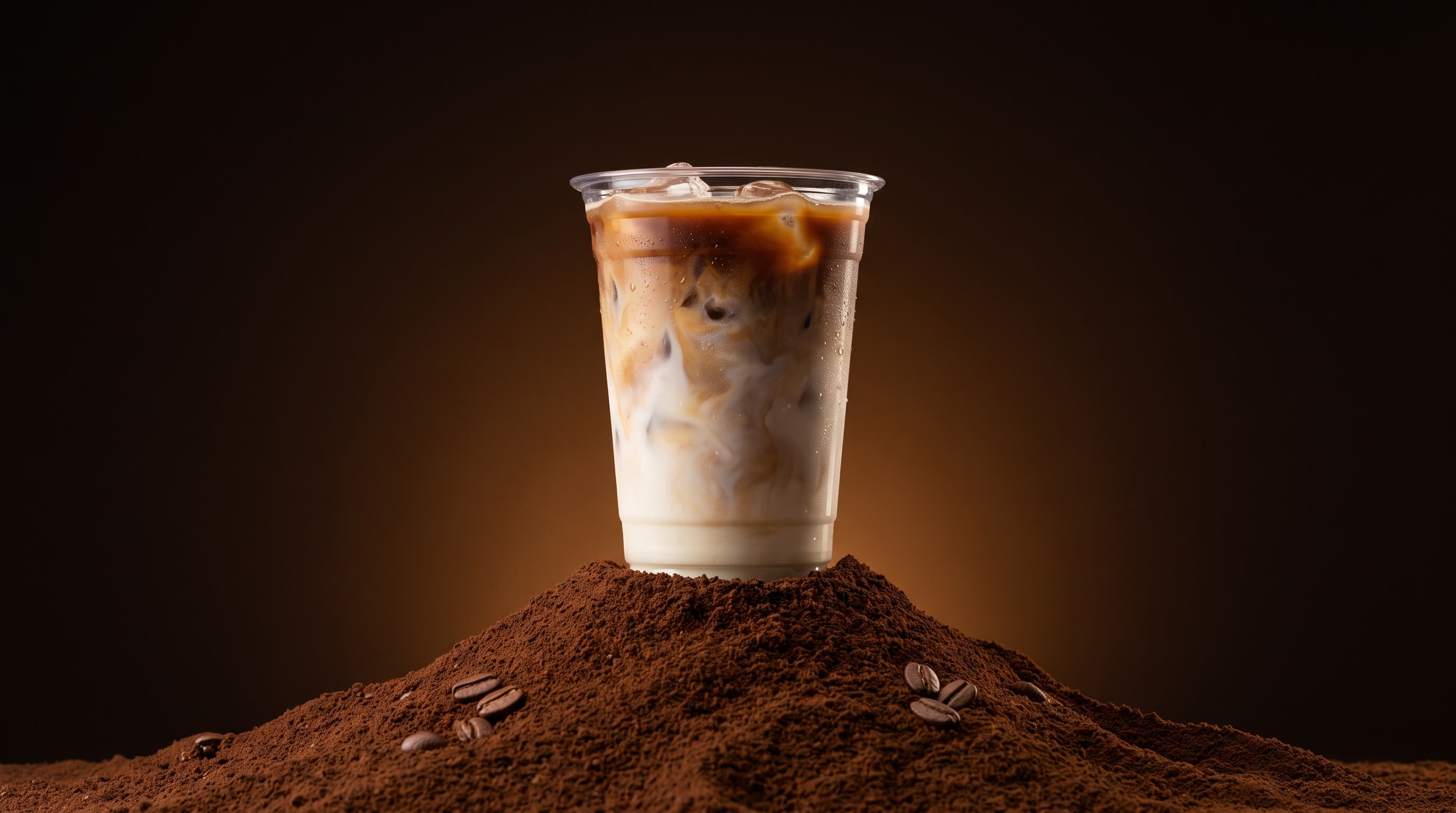 Iced Kuro Original latte in a clear cup, espresso swirling into cold milk, standing on a mound of ground coffee
